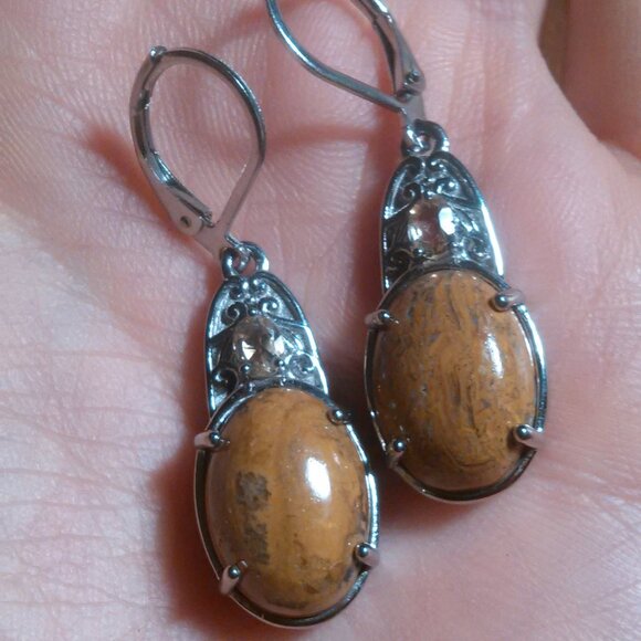 Script Stone and Brazilian Citrine Stainless Steel Lever Back Earrings - Picture 9 of 11